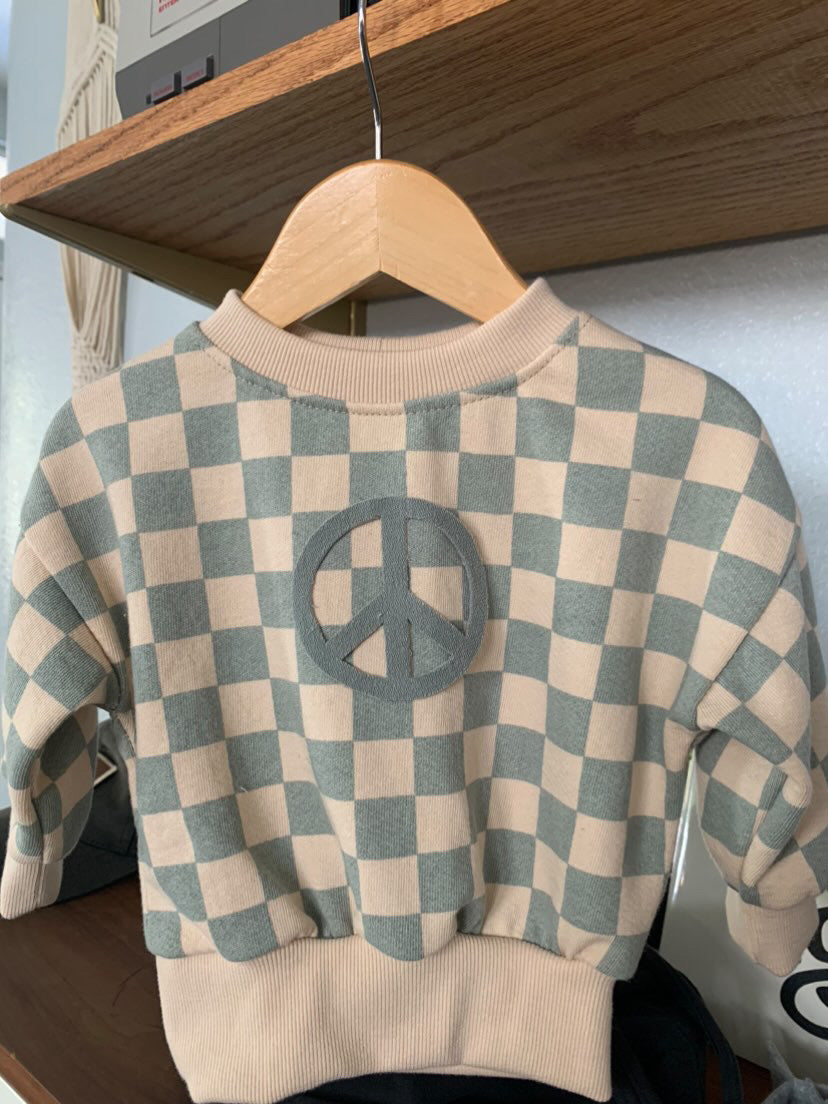 Peace Crewneck- Blue Check